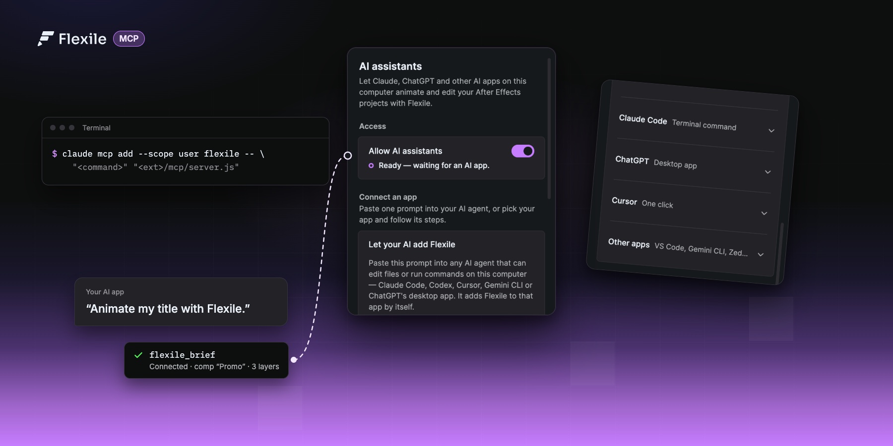 The AI page of the Flexile panel with the list of AI apps it connects, the Claude Code command that adds Flexile, and an AI app connecting to the comp.