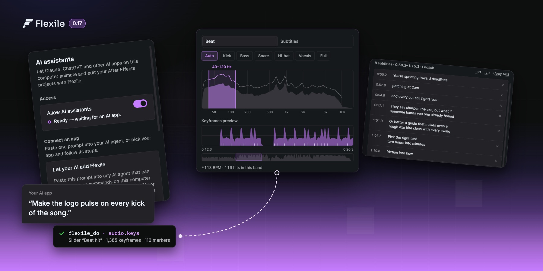 The Flexile panel in After Effects: the new AI page, the Audio page finding the beat of a song, and the subtitle review list. A request from an AI app becomes 1,385 beat keyframes.