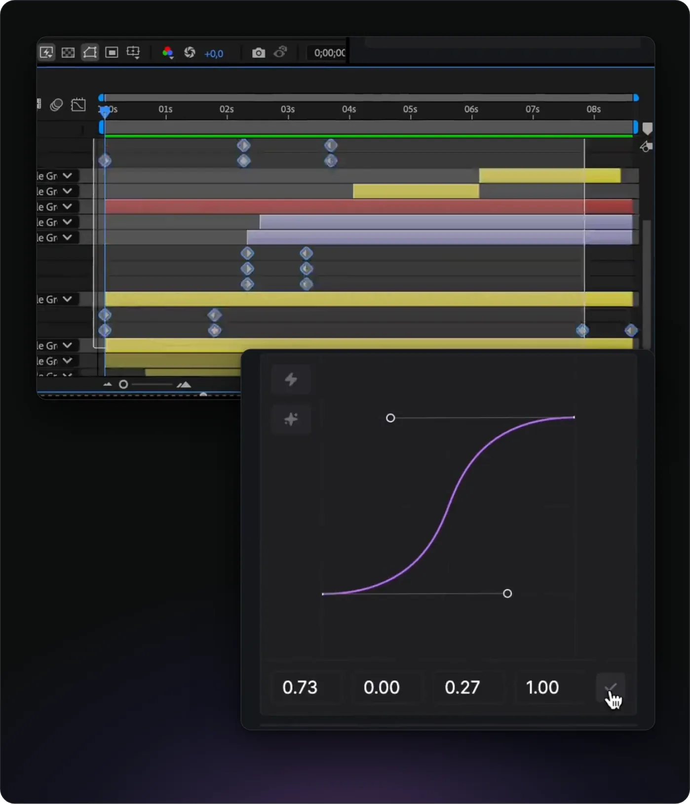 Keyframes selected on several layers in the After Effects timeline, and the easing editor of the Flexile panel with the curve 0.73, 0.00, 0.27, 1.00 as Apply is clicked.