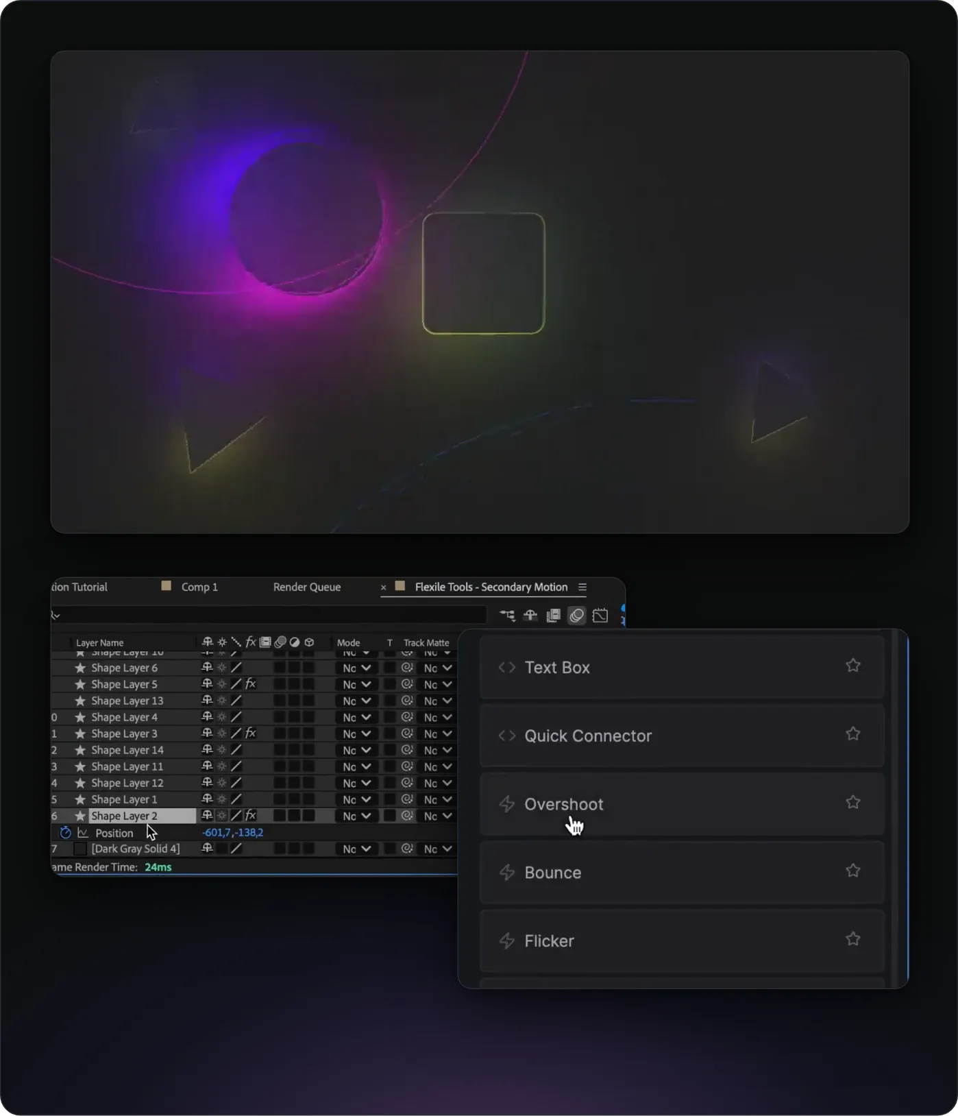 Glowing shapes with secondary motion from the Overshoot tool, a shape layer’s Position property selected in the After Effects timeline, and the Flexile Tools page listing Text Box, Quick Connector, Overshoot, Bounce and Flicker with the cursor on Overshoot.