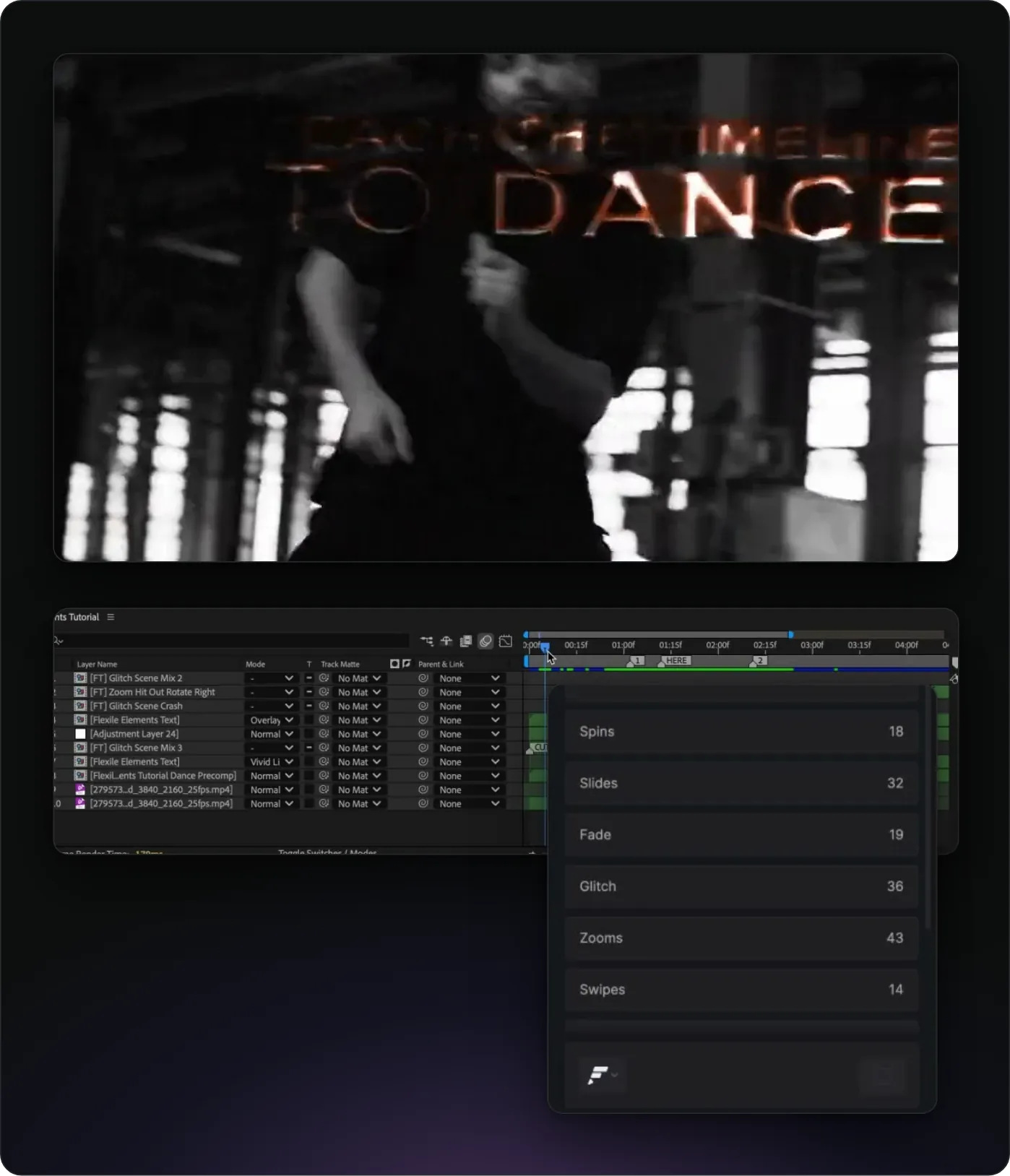 A glitch transition mid-cut on the title “Teach the timeline to dance”, the placed Element layers in the After Effects timeline, and the transition categories of the Flexile Elements page (Spins, Slides, Fade, Glitch, Zooms, Swipes).