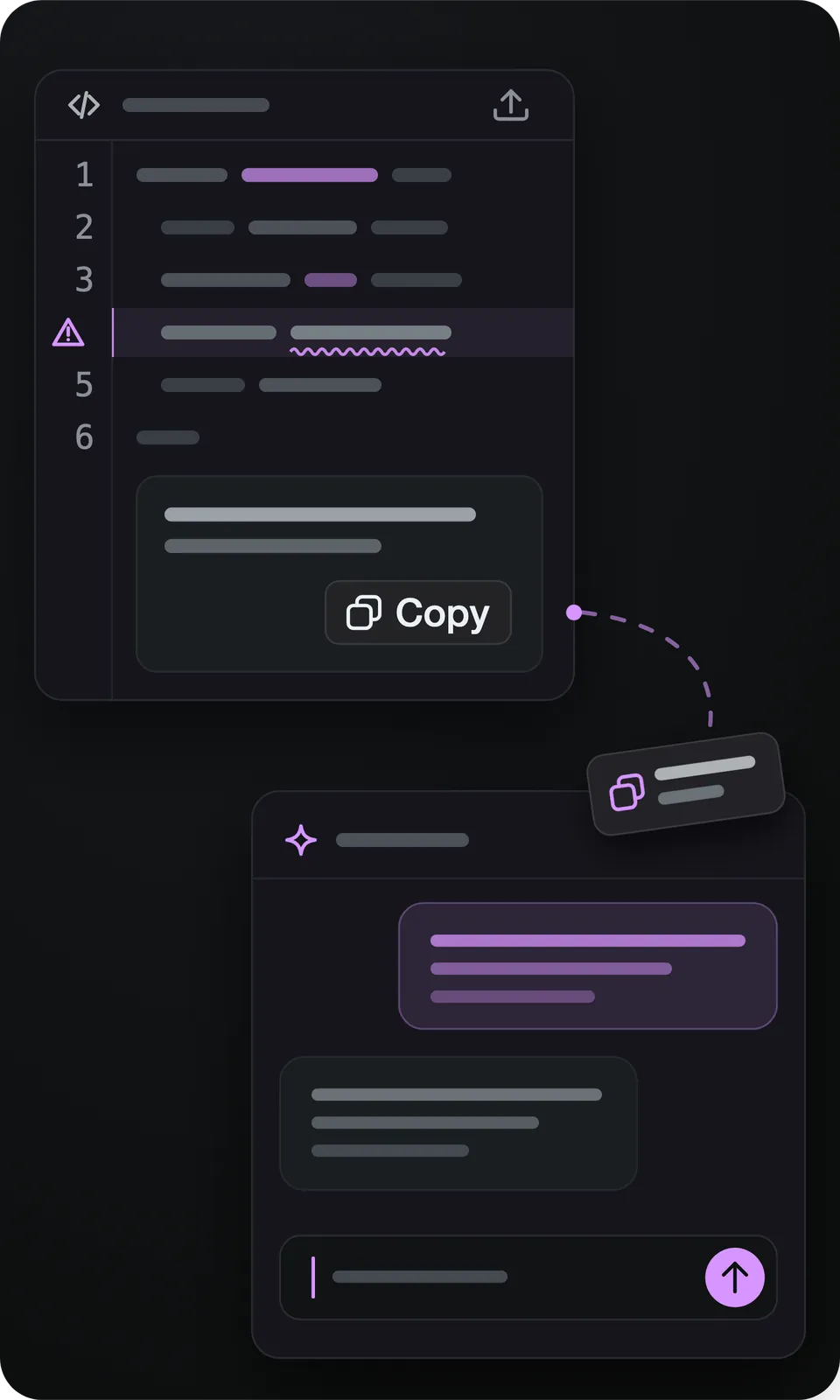Flexile code editor beside an AI chat, with text moving between them