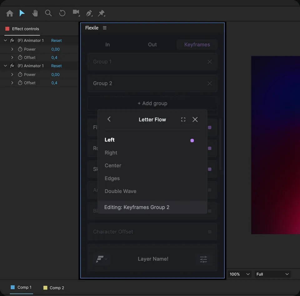 Flexile keyframe text animation panel
