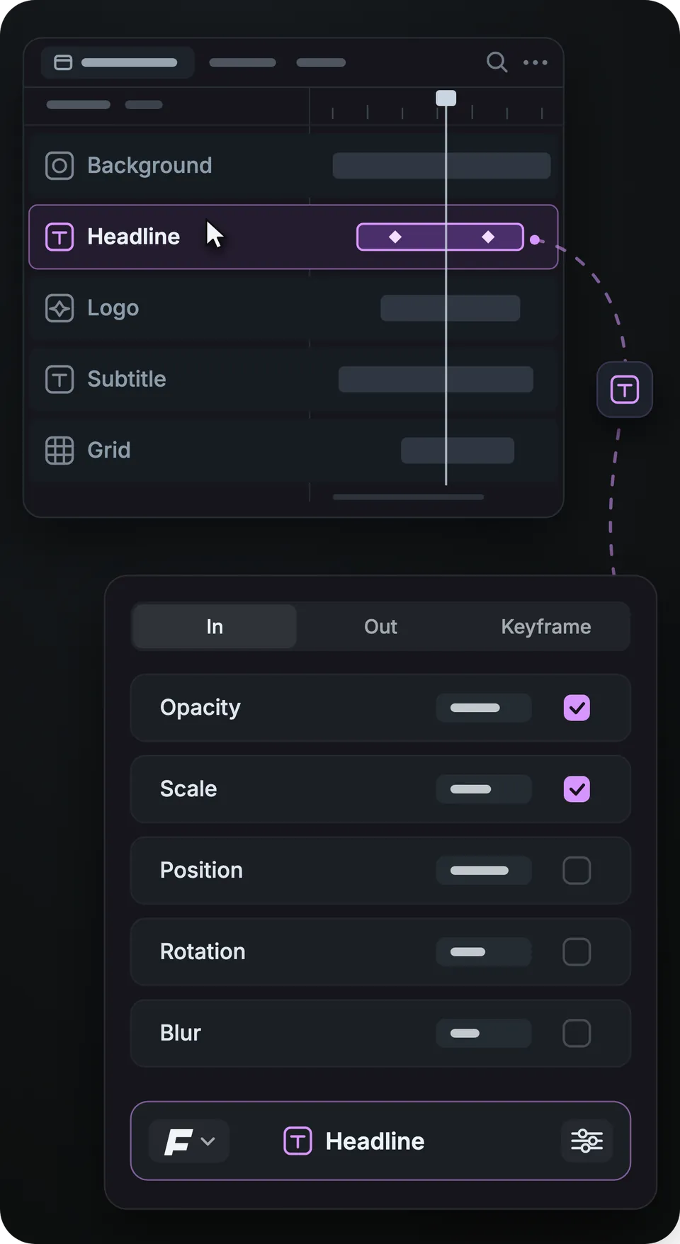 A text layer selected in the After Effects timeline, with the Flexile panel already targeting that same layer
