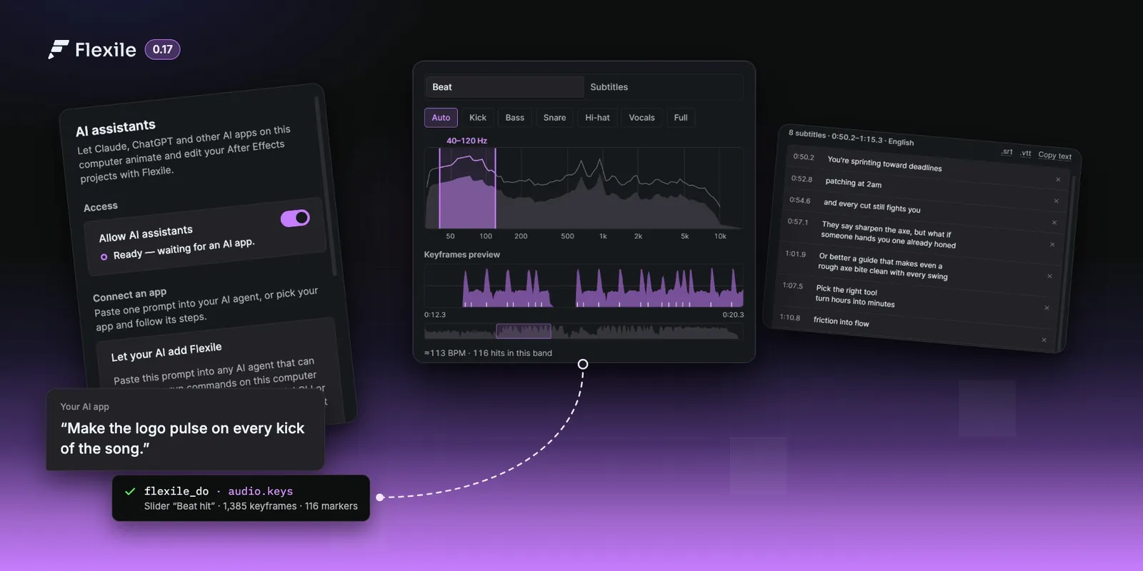 The Flexile panel in After Effects: the new AI page, the Audio page finding the beat of a song, and the subtitle review list. A request from an AI app becomes 1,385 beat keyframes.