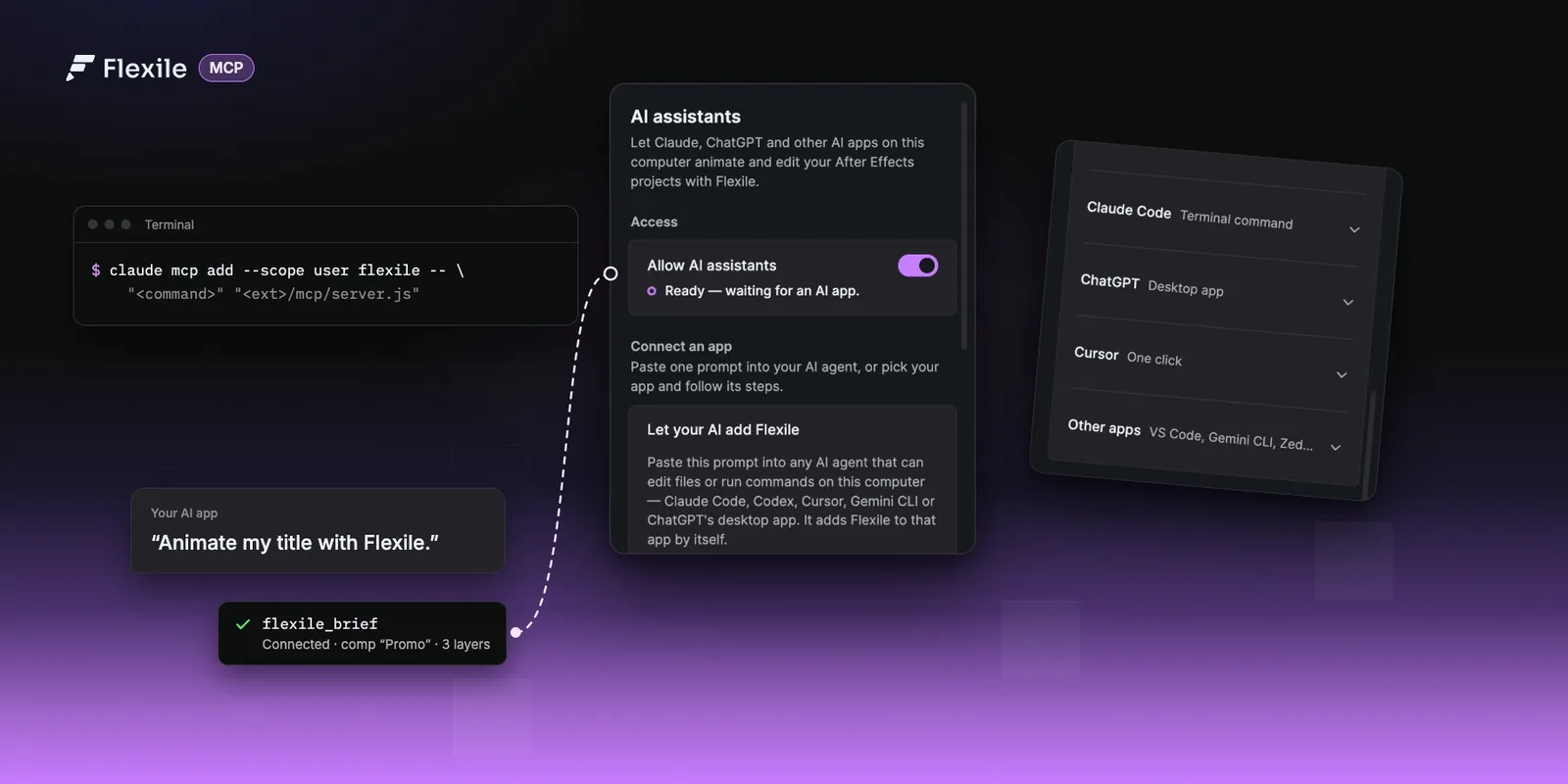 The AI page of the Flexile panel with the list of AI apps it connects, the Claude Code command that adds Flexile, and an AI app connecting to the comp.
